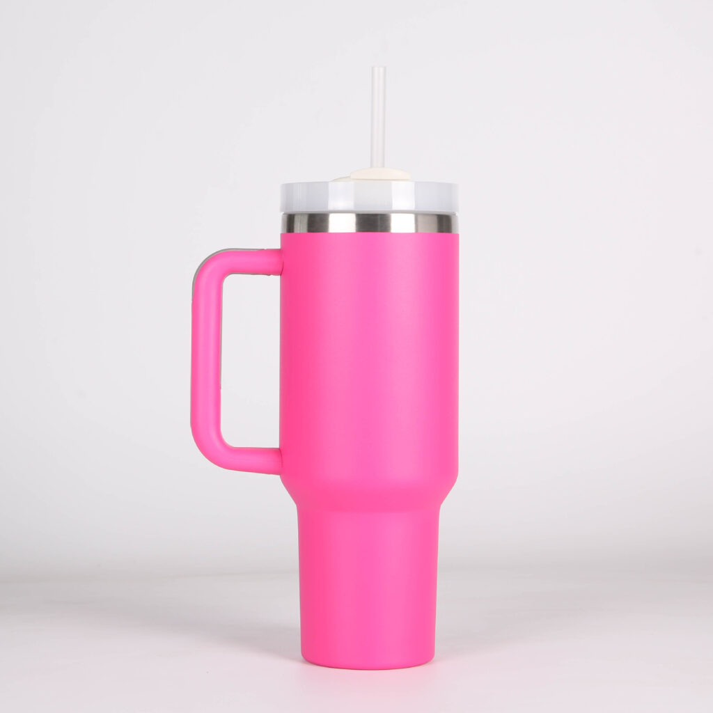 stainless steel coffee mug with a lid and straw and a handle